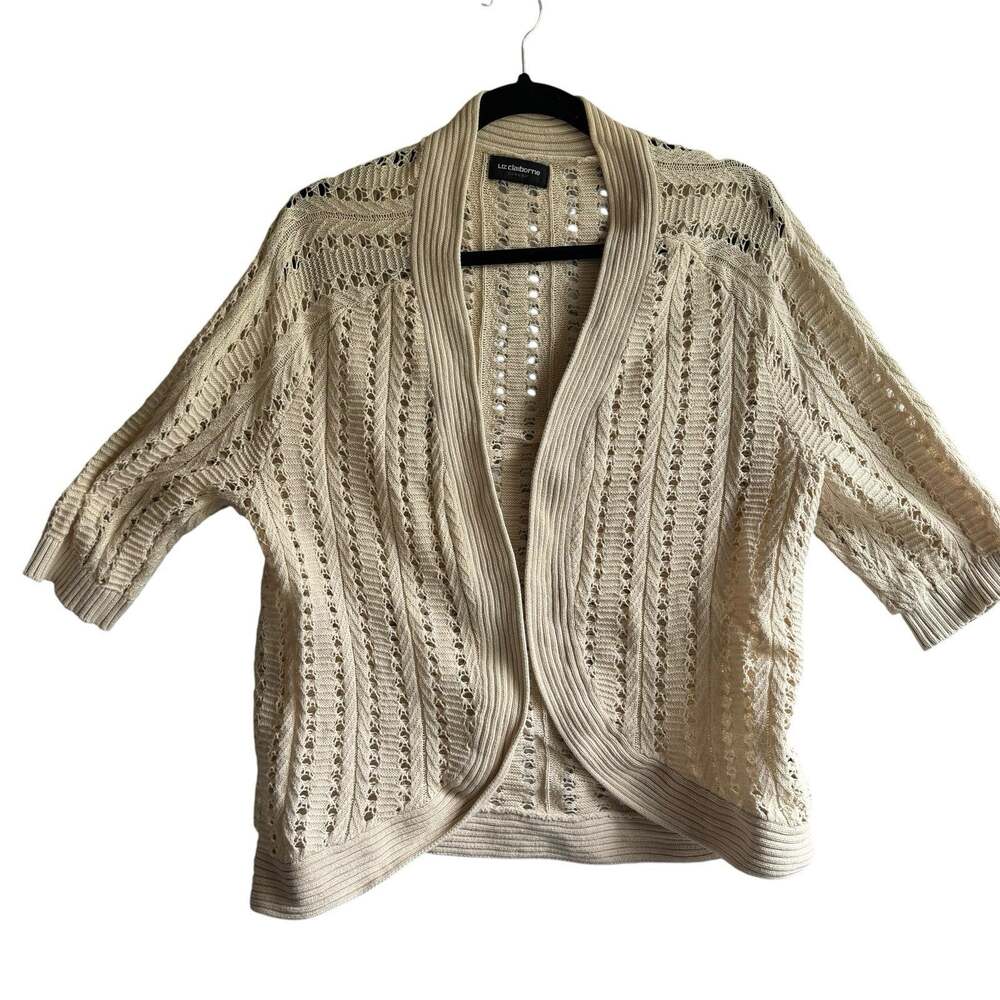 Liz Claiborne Sweater Womens L Beige Open Knit Short Sleeve Cardigan Career